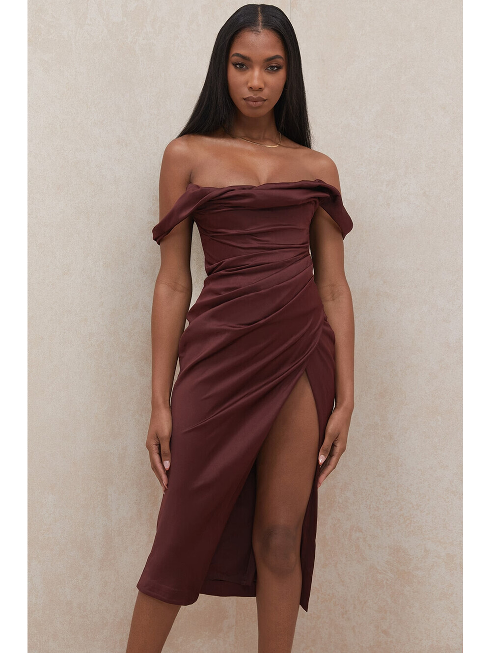 NEW, House of CB Raisin Off Shoulder Corset Dress in brown Sz L #MD2613 - Picture 2 of 10